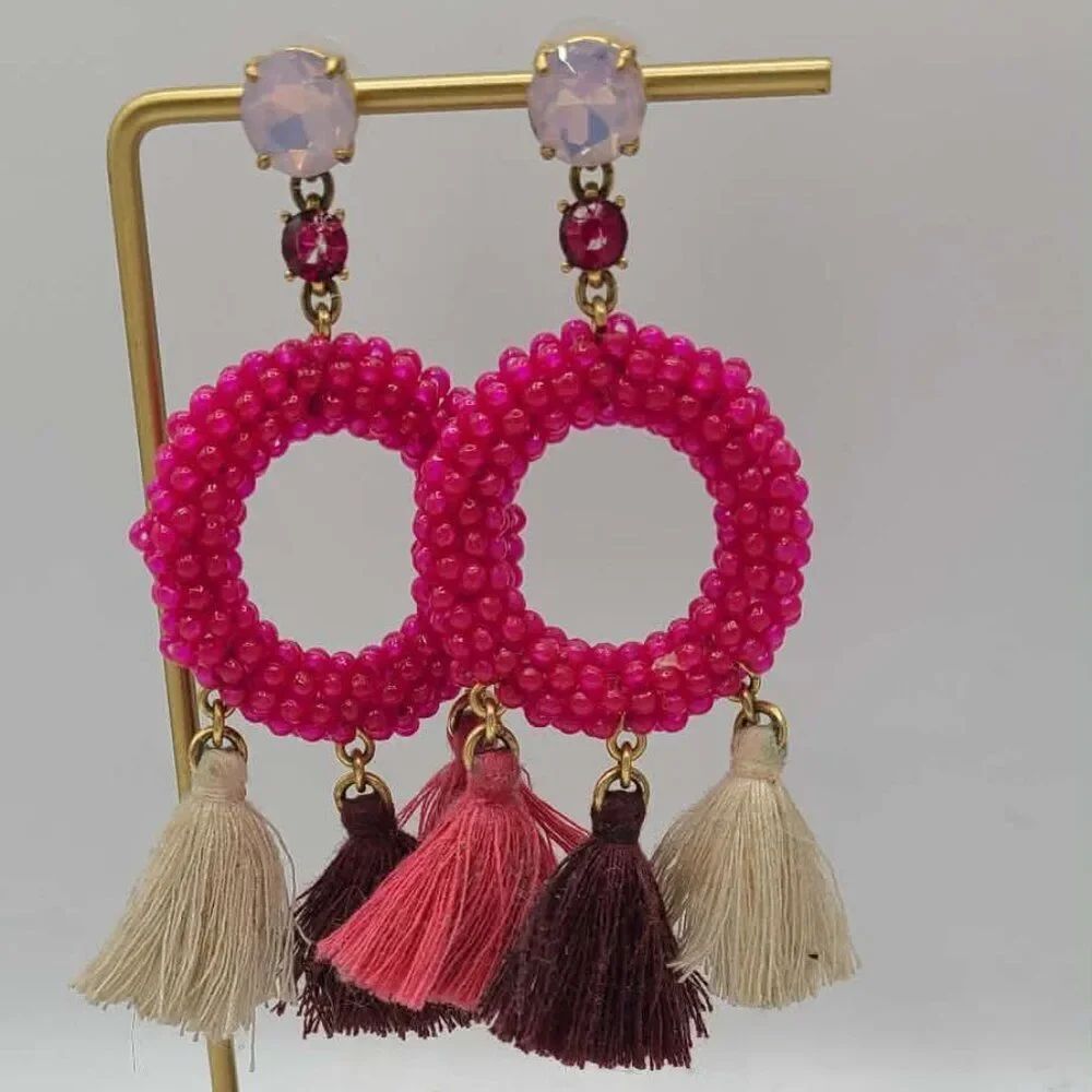 J Crew Beaded Circle Pink Stone Tassel Earrings